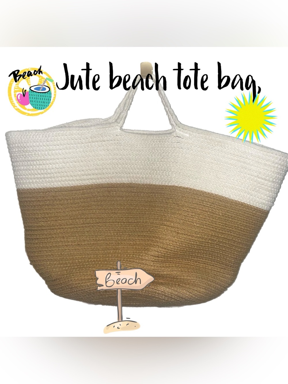 Two-Tone White and‎ Tan Jute Beach Tote Bag